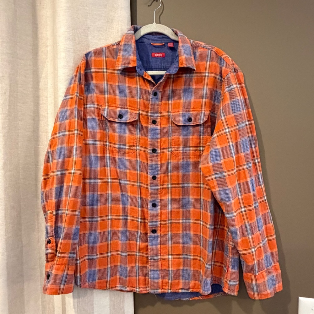 Izod Men's Orange & Blue Plaid Check Long Sleeve Button Down, Size Large